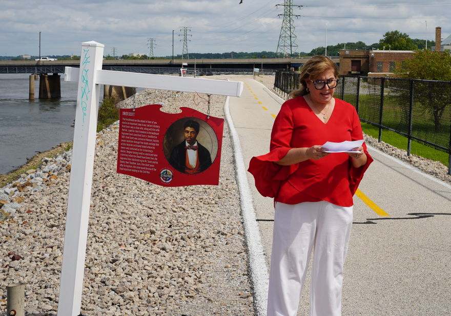 QC PastPort president Natalie Linville-Mass spoke at the dedication of the new Dred Scott historical marker in Rock Island, Aug. 18, 2026.