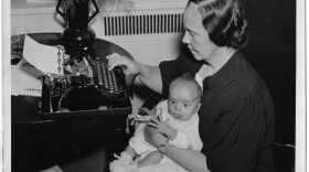 Susan Frawley Eisele holds her 6-week-old son, Albert Jr., at the Waldorf Astoria hotel in New York City in 1936. Eisele, of Blue Earth, Minn., won an essay contest with <em>Country Home</em> magazine and was named best American rural correspondent of 1936.