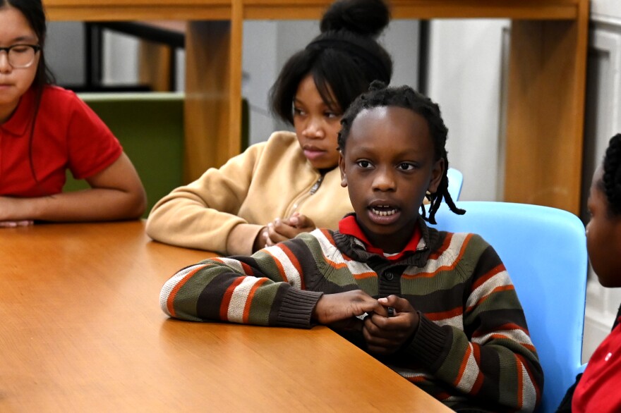 10 year old 6th grader Khyreem Williams asks “What if that was me one day? What if I got shot?” as U.S. Senator Chris Murphy held a roundtable discussion with Alfred E. Burr Middle School students on youth mental health and ways to improve support services in schools in Hartford, Connecticut September 30, 2022.