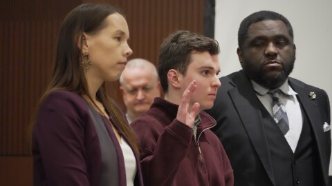Austin Thompson is sworn in during a hearing in Wake County Superior Court on Wednesday, Jan. 21, 2026, in Raleigh, N.C.