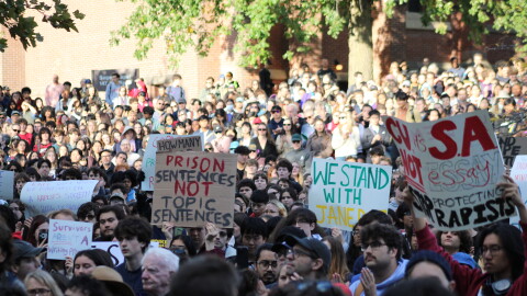 A large crowd gathered on Cornell’s campus Monday afternoon to show support for a Cornell student, known as Jane Doe, who alleges she was raped by fraternity members on campus in 2024.