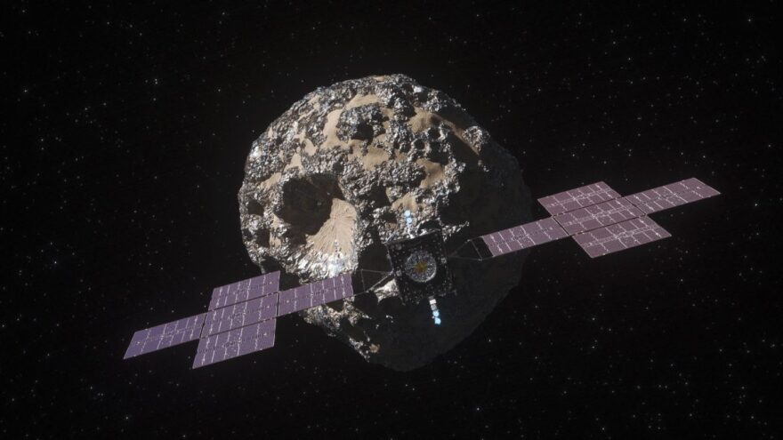 Metal-rich asteroids, like Psyche depicted in the illustration, are potential targets for future asteroid mining missions.