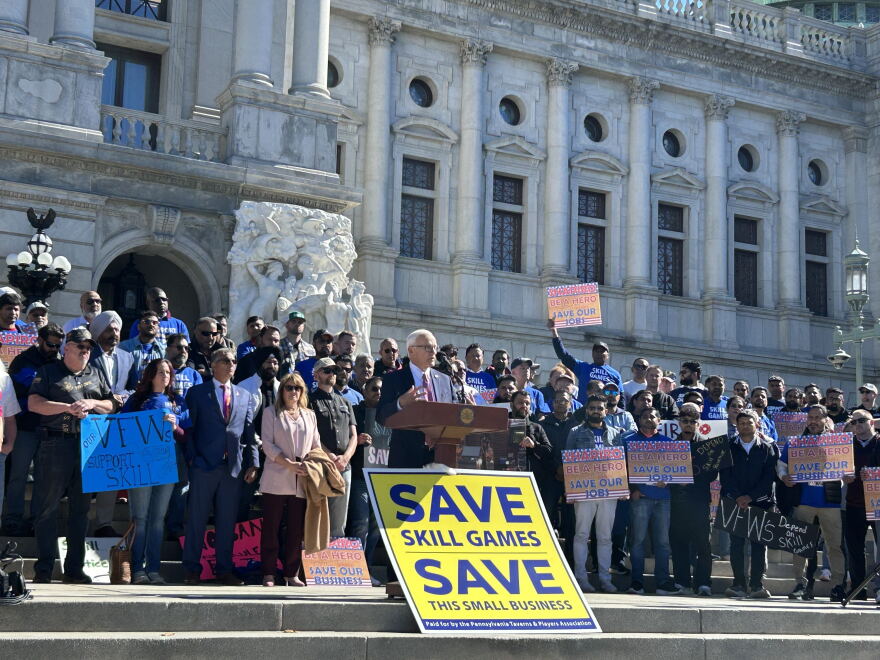 State Sen. Gene Yaw addresses a rally of skill-game supporters on the steps of the state Capitol building in Harrisburg on Oct. 6, 2026