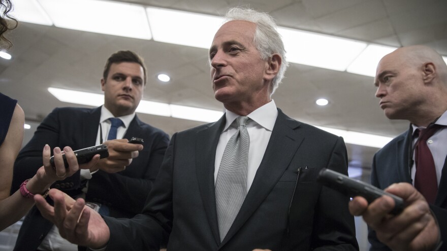 Sen. Bob Corker, R-Tenn., chairman of the Senate Foreign Relations Committee, chats with reporters at the Capitol in Washington, on Tuesday.