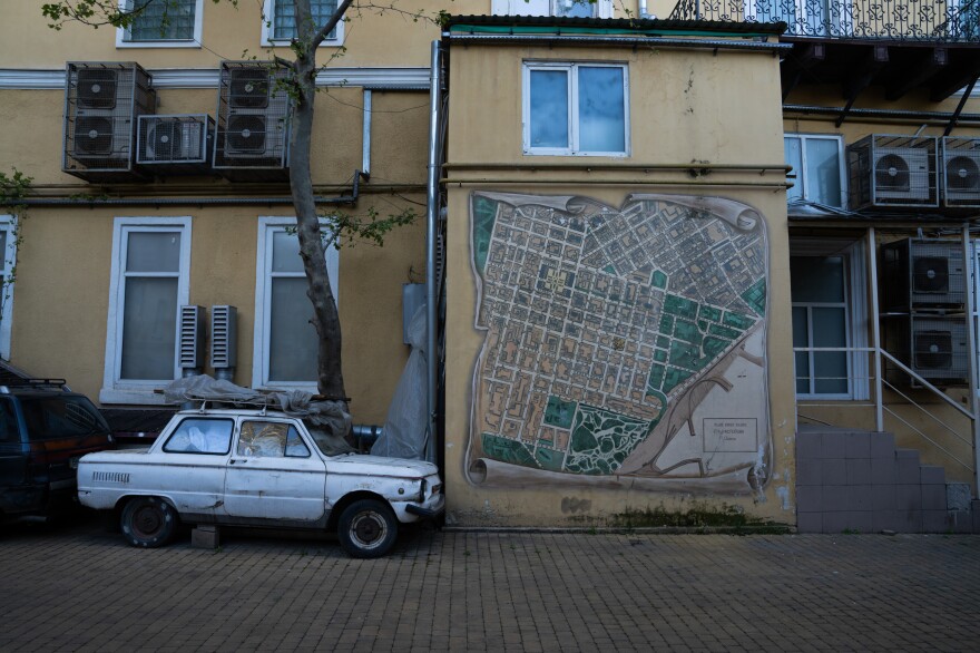 A historic map of the city is seen on a wall in Odesa.