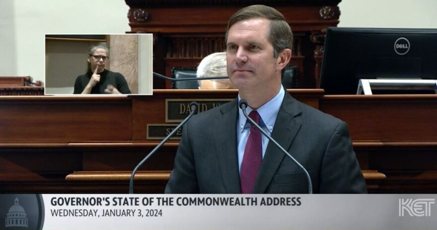 Gov. Andy Beshear addresses the General Assembly during the State of the Commonwealth Address on Wednesday, Jan. 3, 2024.