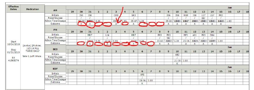 This excerpt from the Stern report shows instances of missed doses of medication for a patient in an Arizona prison