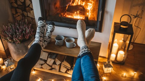 Lazy winter day in front of fire in fireplace.