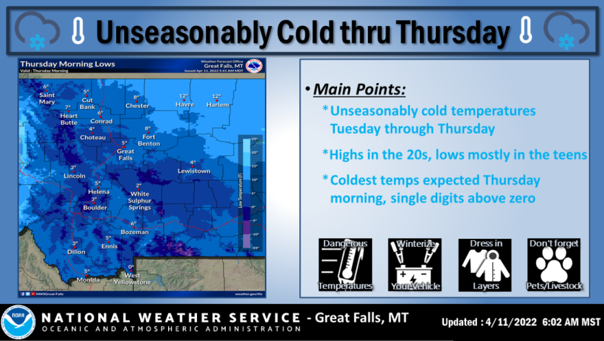 Weather graphic from April 11 at 6:02 a.m. warning of unseasonably cold temperatures across most of the state through April 14. Highs are expected to remain mostly in the teens to low 20s until slightly above-zero temperatures arrive Thursday morning.