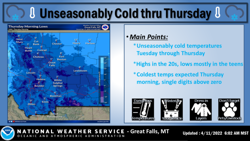  Weather graphic from April 11 at 6:02 a.m. warning of unseasonably cold temperatures across most of the state through April 14. Highs are expected to remain mostly in the teens to low 20s until slightly above-zero temperatures arrive Thursday morning.