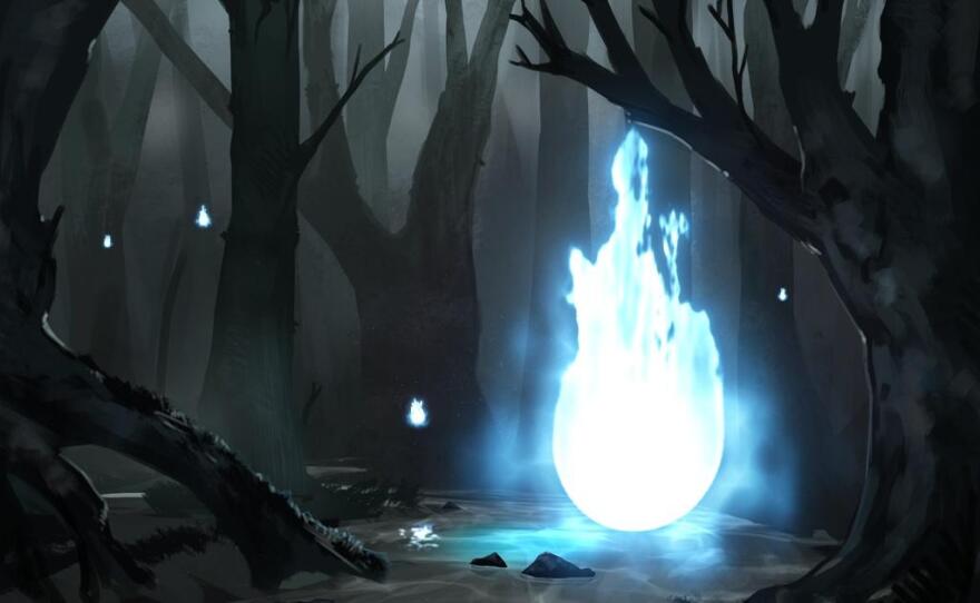 A spooky image of a monstrous flame in a haunted forest or bog-like setting, depicting what science and folklore call a "will o' the wisp".