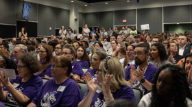 Attendees clap for speakers during a Fort Worth ISD board of managers meeting on April 28, 2026, in the District Service Center. More than 100 people spoke during a public comment period that lasted over five hours.