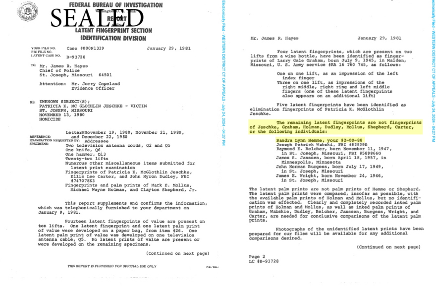 A document labeled “Federal Bureau of Investigation Report: Latent Fingerprint Section Identification Division” is dated Jan. 29, 1981. There are two pages of the report visible, and on the second page is written: “The remaining latent fingerprints are not fingerprints of Jeschke, Graham, Holman, Dudley, Mollus, Shepherd, Carter, or the following individuals: Sandra Lynn Hemme, your #2-00-88”. There is yellow highlighting over these words added by The Marshall Project.