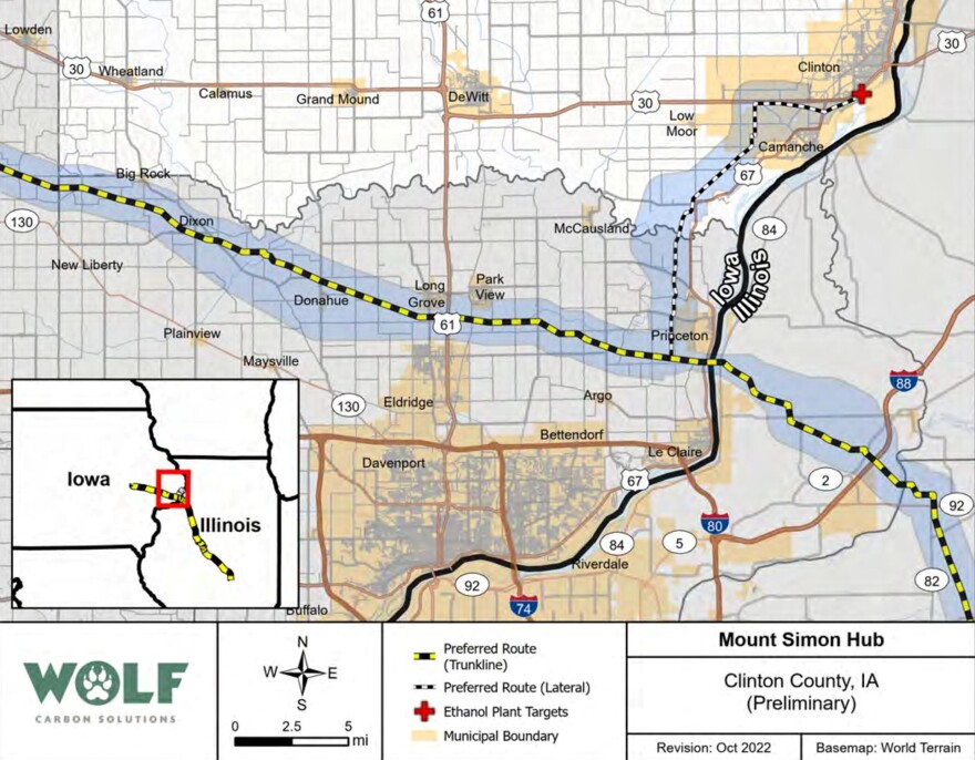 Screenshot of Wolf Carbon Solution's proposed pipeline route in Scott and Rock Island counties