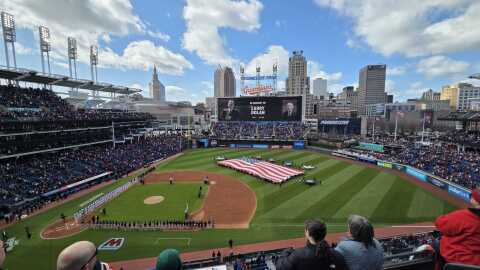 A photo of Progressive Field during the 2025 home opener activities on Apr. 8.