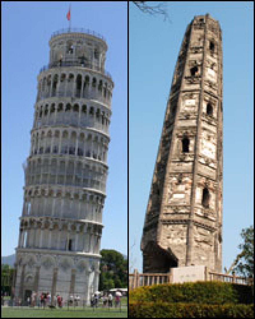 The 900-year-old Huzhu pagoda (right) in Songjiang, 25 miles from Shanghai, leans at a 6.87 degree angle and could be the world's most tilted tower. It leans more than the Leaning Tower of Pisa (left), currently at 3.97 degrees, which is far more famous.