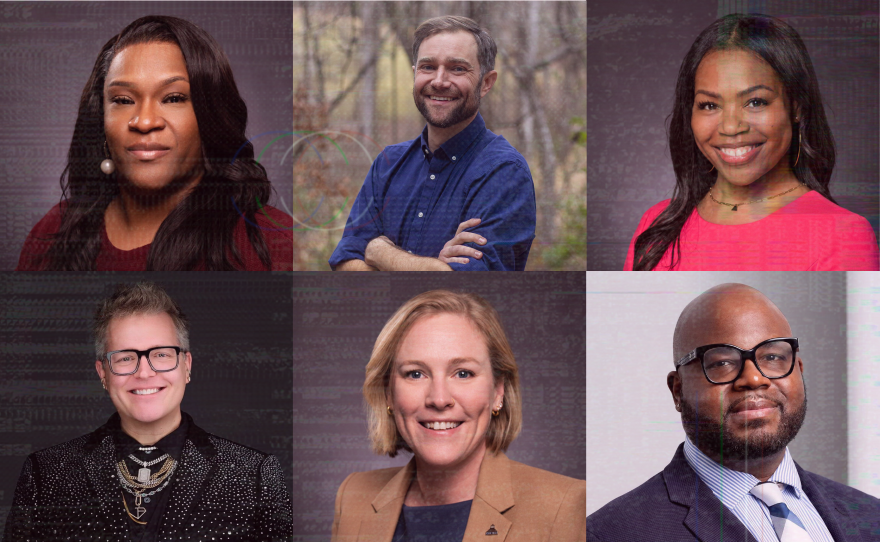 A camera filter is placed over headshots of Asheville City Council candidates, who starting at top left are Sheneika Smith, Drew Ball, Antanette Mosely, Jeffrey Burroughs, Maggie Ullman and Keith Young.