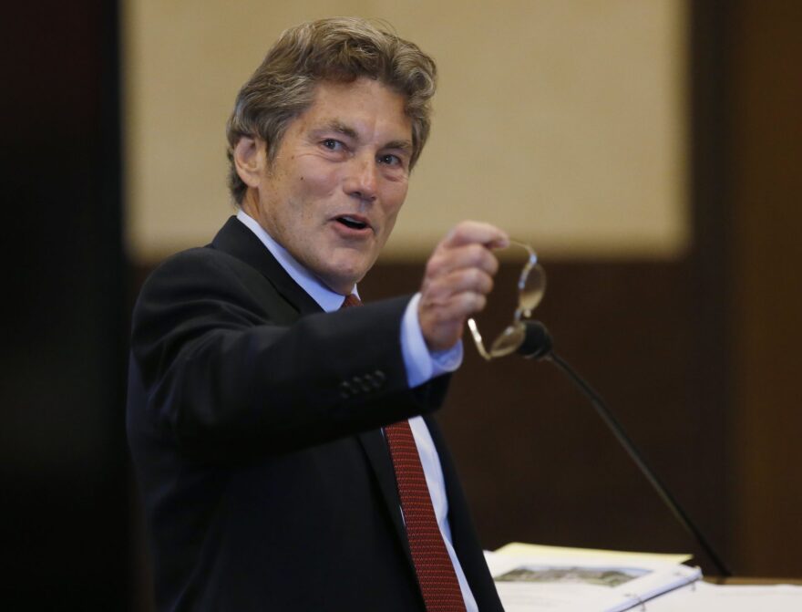 Defense attorney Larry Ottaway gestures as he speaks during opening arguments Tuesday, May 28, 2019, in Norman, Okla., as the nation’s first state trial against drugmakers blamed for contributing to the opioid crisis begins in Oklahoma.