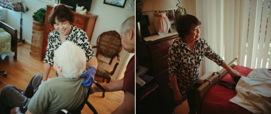 Perez, the owner of Hillcrest Care, a small assisted-living facility in El Dorado, Calif., chats with one resident (left) and puts another to bed (right) on July 14, 2022.