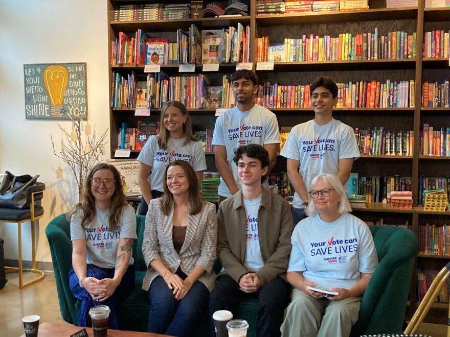 Christina Bohannan poses with volunteers from the American Cancer Society's Cancer Action Network at Sidekick Coffee & Books on Aug. 14, 2026.