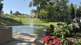 A fountain bubbles in the duck pond during its grand reopening on Sept. 3, 2025