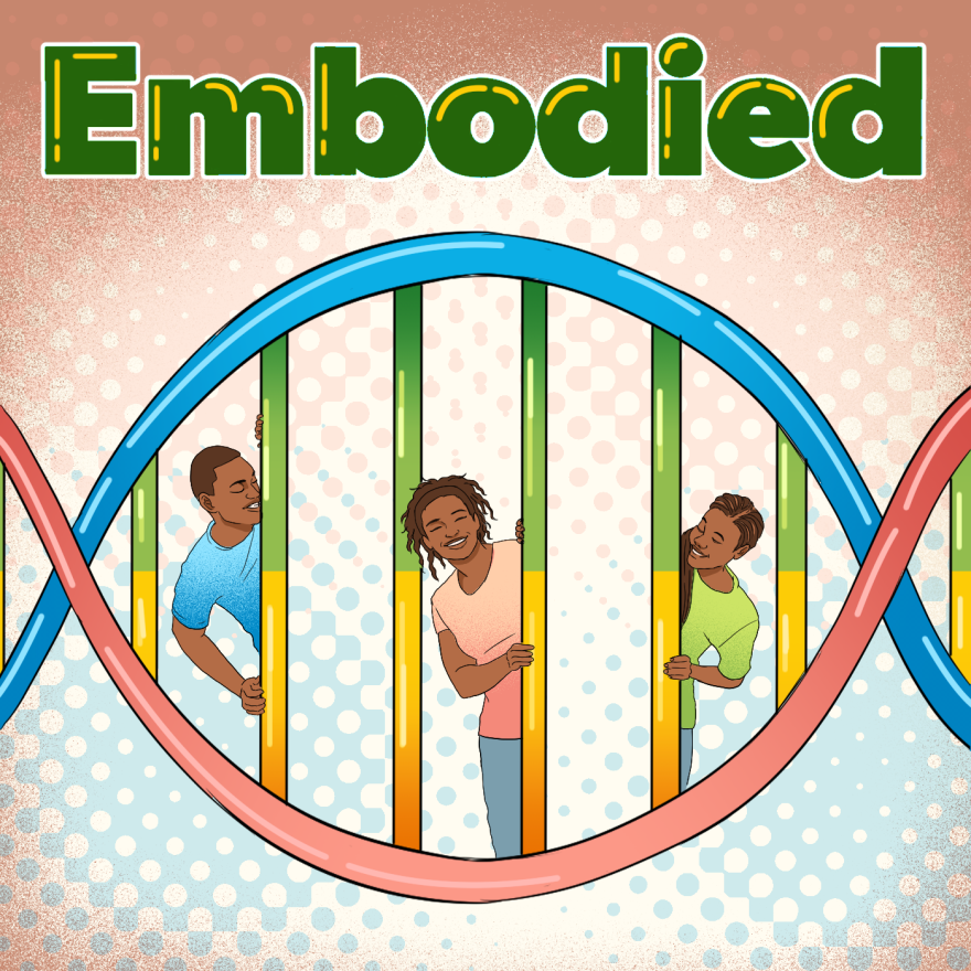 Illustration of three smiling people standing between the vertical bars of a large DNA double helix, as if the strands are columns. The word “Embodied” is written in bold green letters at the top. The background is a gradient of peach to blue with dotted patterns.