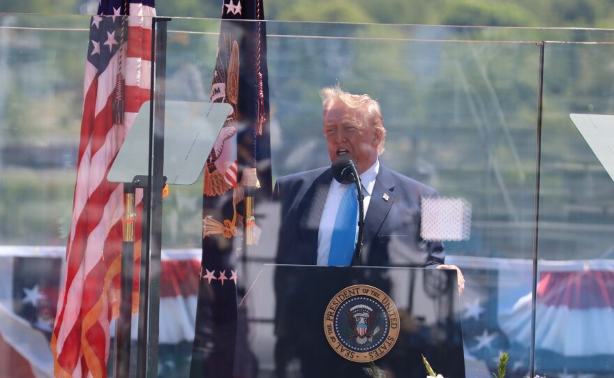 President Donald Trump delivers a commencement address at the U.S. Coast Guard Academy in New London.