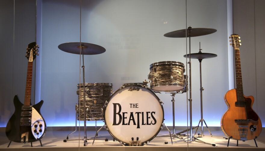 Instruments used by members of The Beatles are displayed at the exhibit "Play It Loud: Instruments of Rock & Roll" at the Metropolitan Museum of Art in New York, Monday, April 1, 2019. The exhibit, which showcases the instruments of rock and roll legends, opens to the public on April 8 and runs until Oct. 1, 2019. (AP Photo/Seth Wenig)