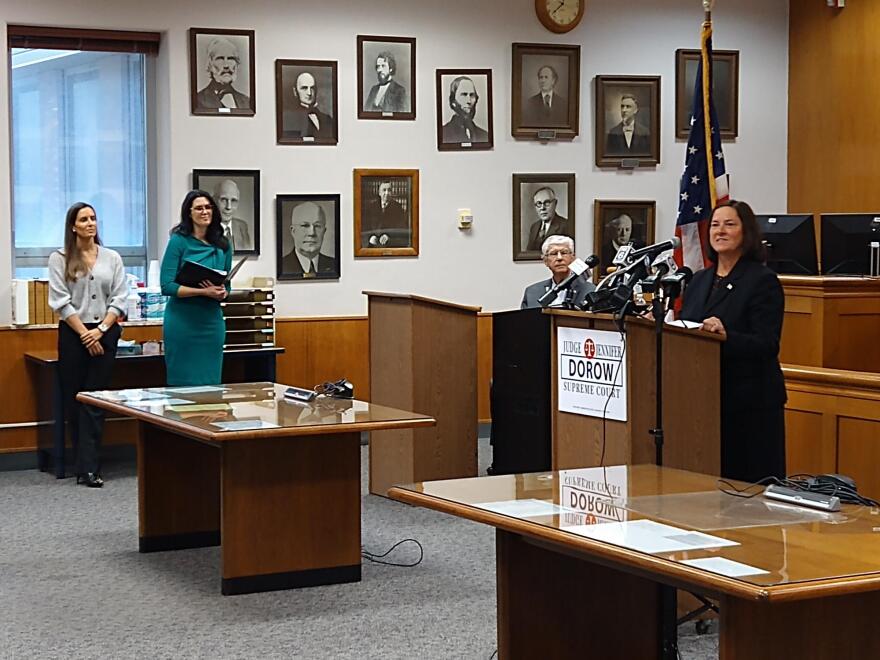 Waukesha County District Attorney Sue Opper (right) endorses Judge Dorow Tuesday. Opper recently appeared before Dorow, as the main prosecutor in the Waukesha parade deaths case.