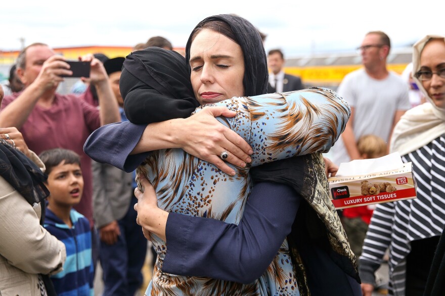 Ardern hugs a mosque-goer at the Kilbirnie Mosque on March 17, 2019 in Wellington, days after the attacks.