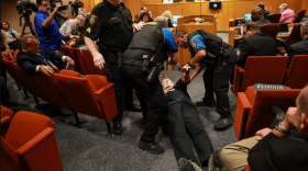 Lon Burnam, former Texas House representative, is arrested during a Tarrant County Commissioners Court meeting Aug. 4, 2026, in Fort Worth.