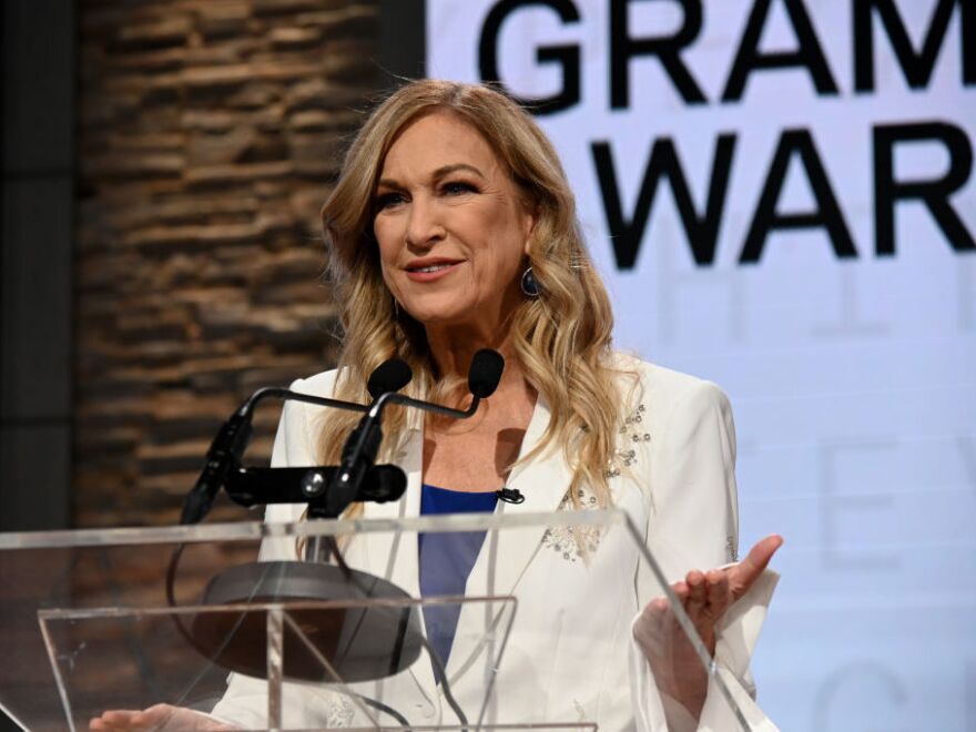 The now-former Recording Academy president and CEO, Deborah Dugan, speaking in Nov. at the Grammy nomination press conference in New York City.