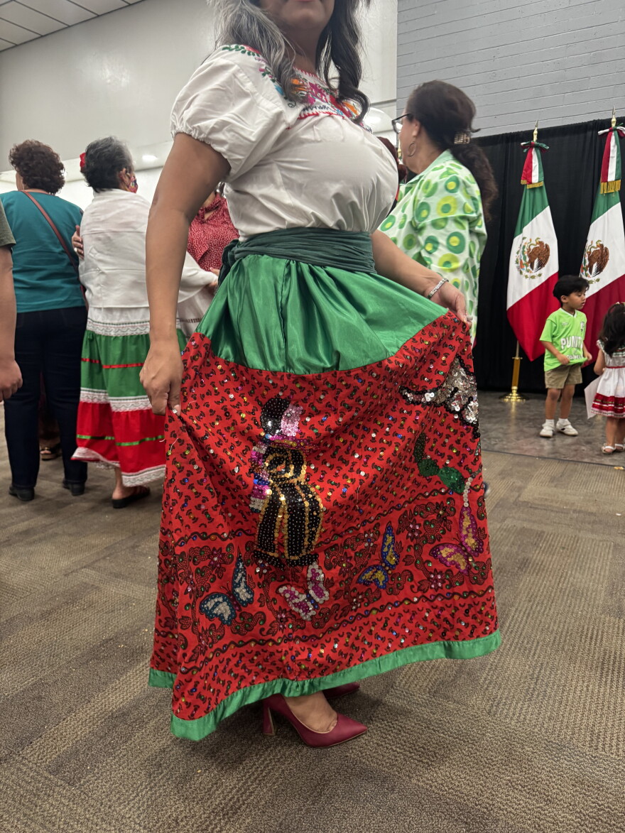 Alejandra Reyes shows her hand made, mexican skirt in commemoration of Fiestas Patrias.