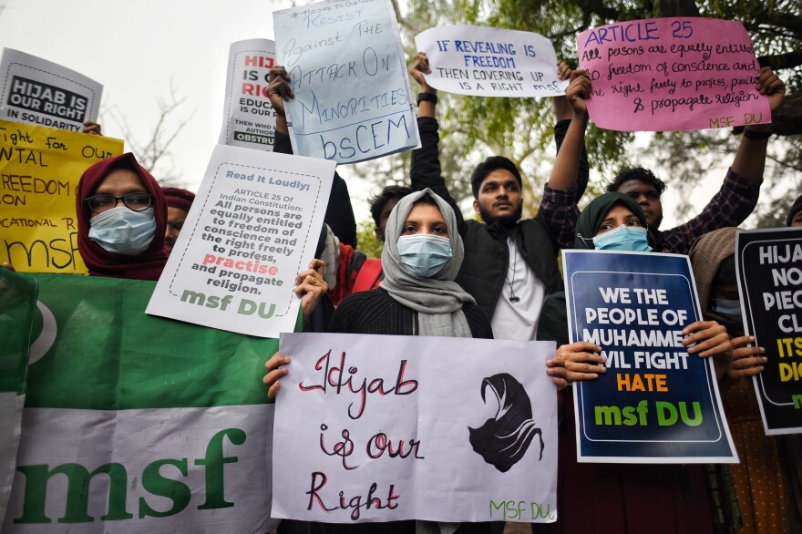 Members of the All India Muslim Students Federation protest at Delhi University against the hijab ban in educational institutions, on Feb. 8 in New Delhi, India.