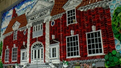 Bottlecap art on display at the library in Antigo