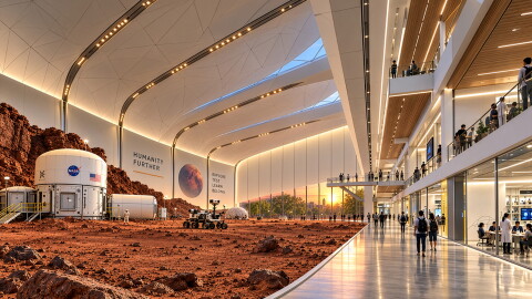 Rendering that shows the inside of a academic building with science labs on the right, a hallway with people walking in the middle and a simulated rocky planet surface with a rover, astronaut and small white building with a NASA sign on it.