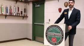 Aaron Gies, the Democratic candidate for New York's 23rd Congressional District speaks to donors in Painted Post.