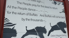 A mural depicts herds of bison charging forward. They’re flanked by stars and poems written by Salish author Debra Magpie Earling and elder Vic Charlo. The mural was unveiled on Indigenous Peoples' Day, October 13, 2025, in downtown Missoula.