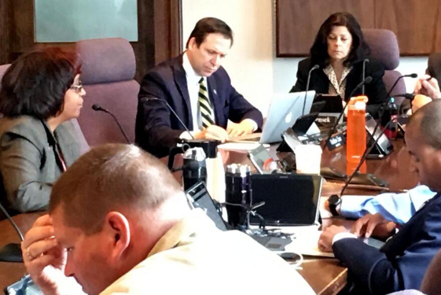 City Finance Director Sharon Dumas argues in favor of tax increase at city council. [photo: Matt Richmond / ideastream]