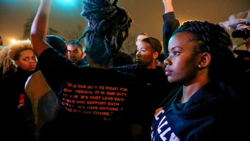 Ferguson protest leader Brittany Ferrell helped gather people together to chant, "It is our duty to fight for our freedom," during a protest in South St. Louis on Nov. 23, 2014. The chant is based on a quote by Black Power activist Assata Shakur. Before leading the chant, Activist Ashley Yates told the group, "We know Black lives matter, and we know that we must fight to prove that.”