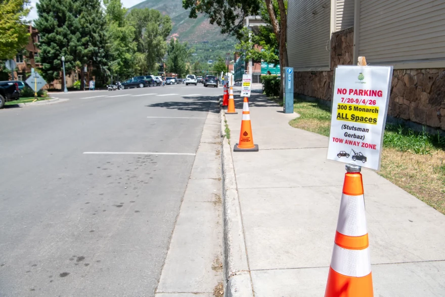 Parking spaces are reserved for construction activity along Monarch Street in downtown Aspen. There were, on average, 25.1 parking spaces reserved per day for construction activity in July 2026.