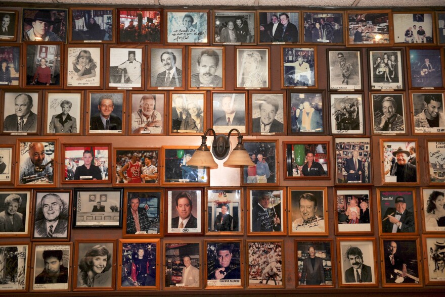 Pictures of movie stars and famous people who have dined at the deli hang on the restaurant's wall.