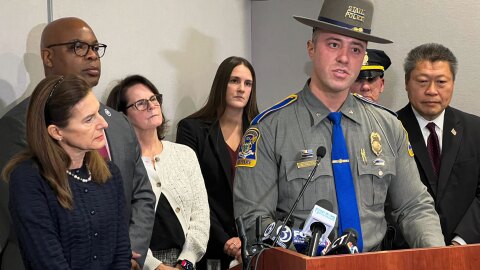 Col. Daniel Loughman, commanding officer of the Connecticut State Police, speaks at a press conference at the Connecticut Forensic Science Laboratory on Monday, Dec. 22, 2025. Behind him, from left, are Lt. Gov. Susan Bysiewicz; Ronnell Higgins, commissioner of the Connecticut Department of Emergency Services and Public Protection; state Rep. Kathy Kennedy (R-Milford); Dr. Jessica Gleba, director of forensic laboratory operations at the Connecticut Division of Scientific Services; Lt. Bryan Gustis of the Hartford Police Department's Traffic Division; and state Sen. Tony Hwang (R-Fairfield).