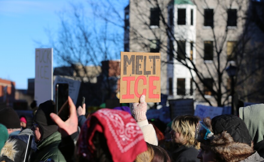 Over 1,000 people rally on Monument Square in Portland on Friday, Jan. 30, 2026.