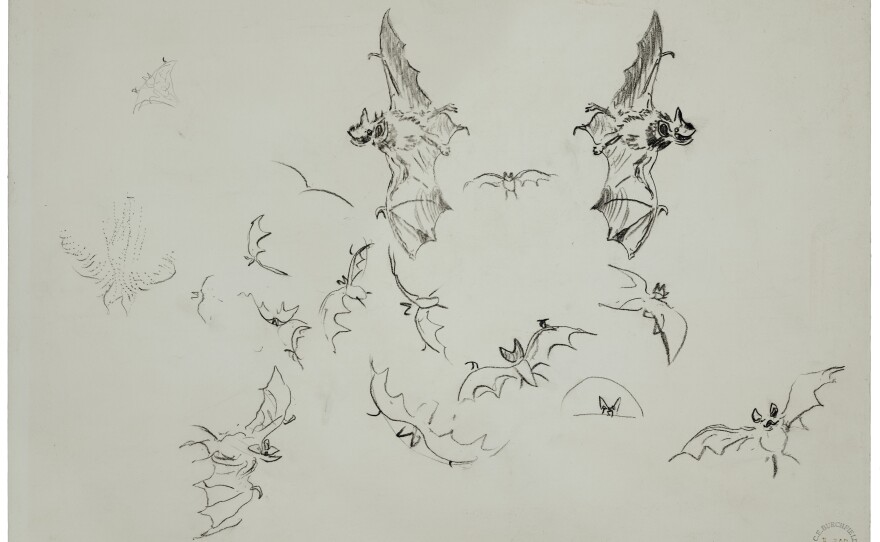 Charles Ephraim Burchfield, Study of Bats in Flight, c. 1954-63. Conté crayon on wove paper mounted on cardboard. Wadsworth Atheneum Museum of Art, Bequest of Edward Gorey, 2001.13.34.