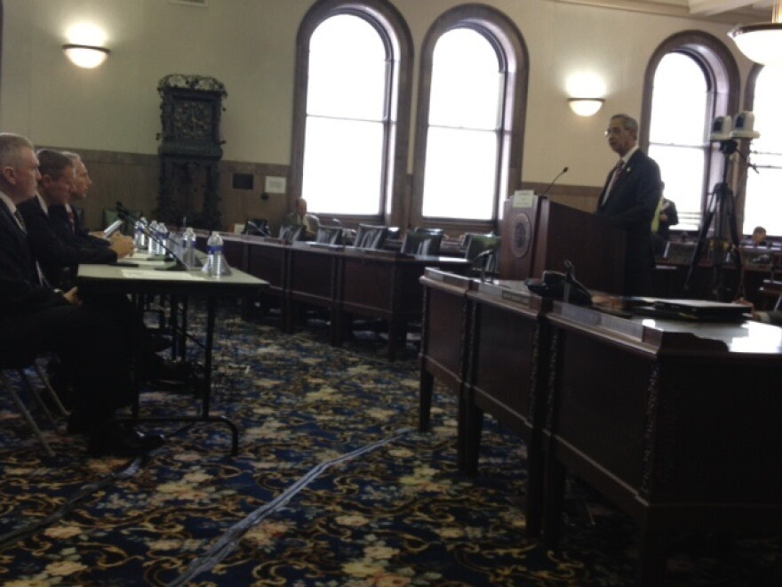 U of R president speaking before Senate Majority Coalition in Legislative Chambers at the Monroe County Office Building