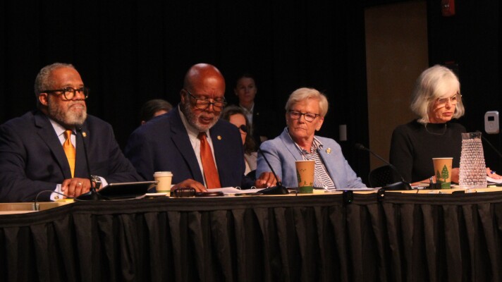 From left: Rep. Troy Carter (D-La.), Rep. Bennie G. Thompson (D-Miss.), Rep. Chellie Pingree (D-Me.), and (Rep. Katherine Clark (D-Mass.) at a field hearing in Biddeford on Monday, August 17th, 2026. 