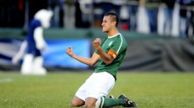 Charlotte's Charles Rodriguez celebrates after scoring the game-winning penalty kick. Steve McLaughlin