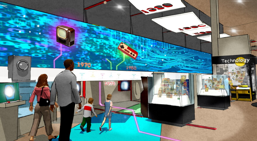 A video board with a timeline tracking the development of video gaming through the years, as depicted in this rendering, will be part of The Strong National Museum of Play expansion when it opens in early summer 2023.