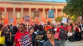 Yale's unionized clerical and technical workers rally on Yale’s Bienecke Plaza ahead of contract resettlement October 15, 2026 in New Haven, Connecticut.
